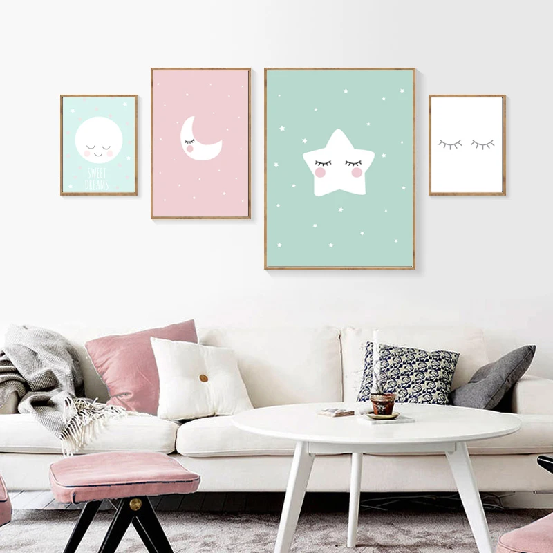 

Cartoon Moon Stars Canvas Painting Baby Nursery Wall Art Nordic Posters And Prints Girls Room Wall Prints Kids Room Decor