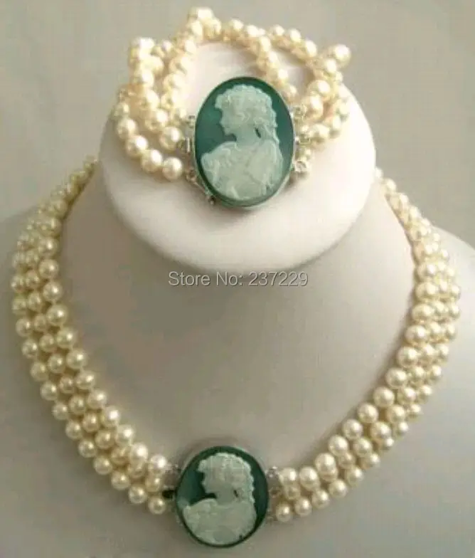 

Wholesale price FREE SHIPPING ^^^3Strand 7-8mm White Akoya Pearl Cameo Necklace Bracelet