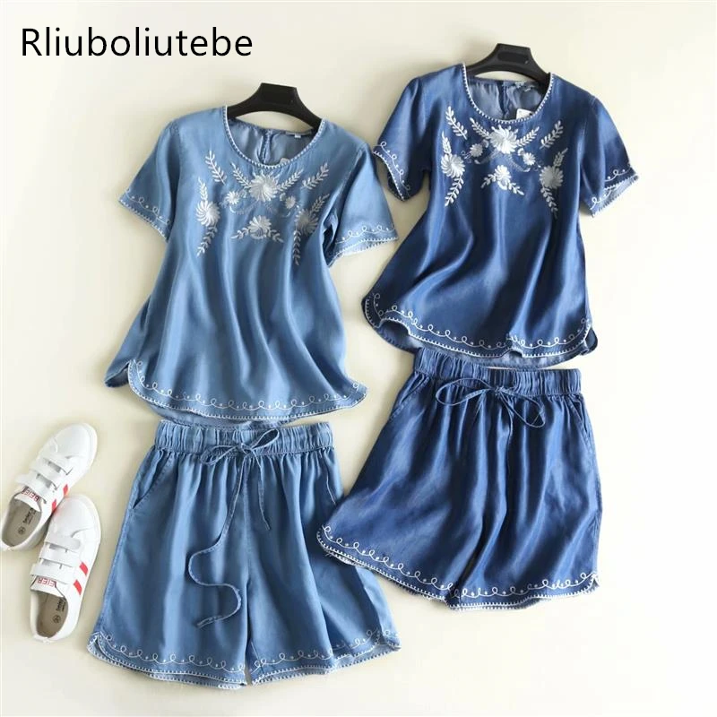 

embroidery women denim set tecel denim blouse loose o neck soft jeans shorts beach set lace up elastic waist light blue summer