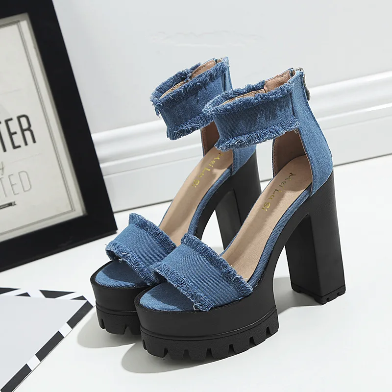 Summer Ultra High Heels Women Denim Platform Sandals Punk Sexy Open Toe