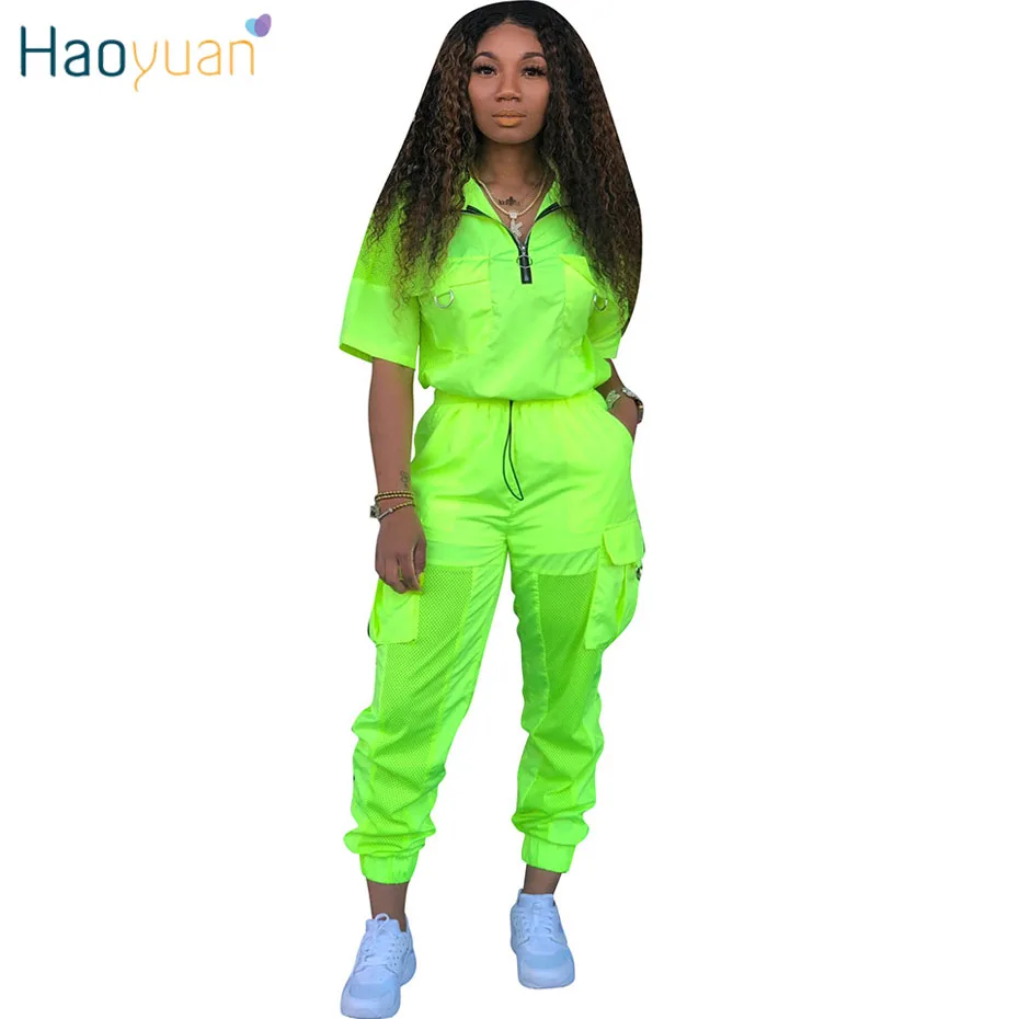 HAOYUAN неоново зеленый комплект из 2 предметов спортивный костюм Женская