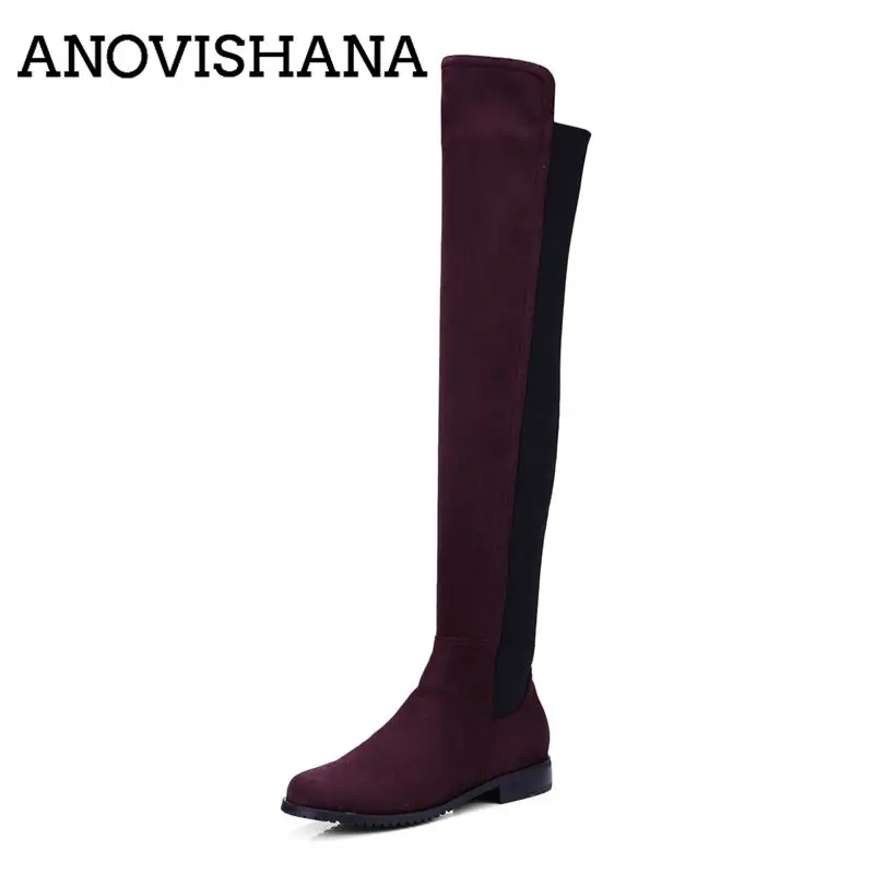 

ANOVISHANA Flock Winter boots For Women Over the knee Slip-on boots Round Toe Patchwork Mixed Colors Winter Shoes Female A713D