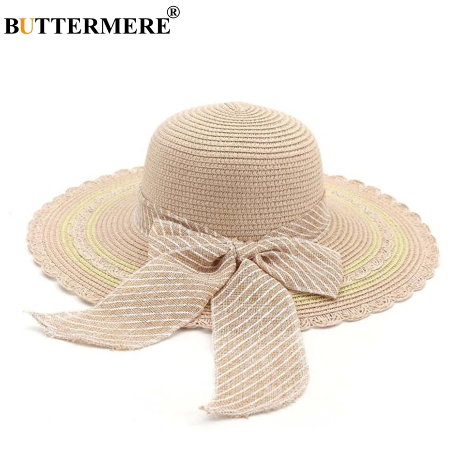 

BUTTERMERE Wide Brim Straw Hat Women Beautiful Summer Sun Hat Pink Female Holiday Bow Travel Beach Ladies 2020 Sun Hat 11cm