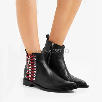 

Fashion Design Black Polished Leather Ladies Shoes Casual Short Botas Feminina Pointed Toe Chain Cross-tied Women Chelsea Boots
