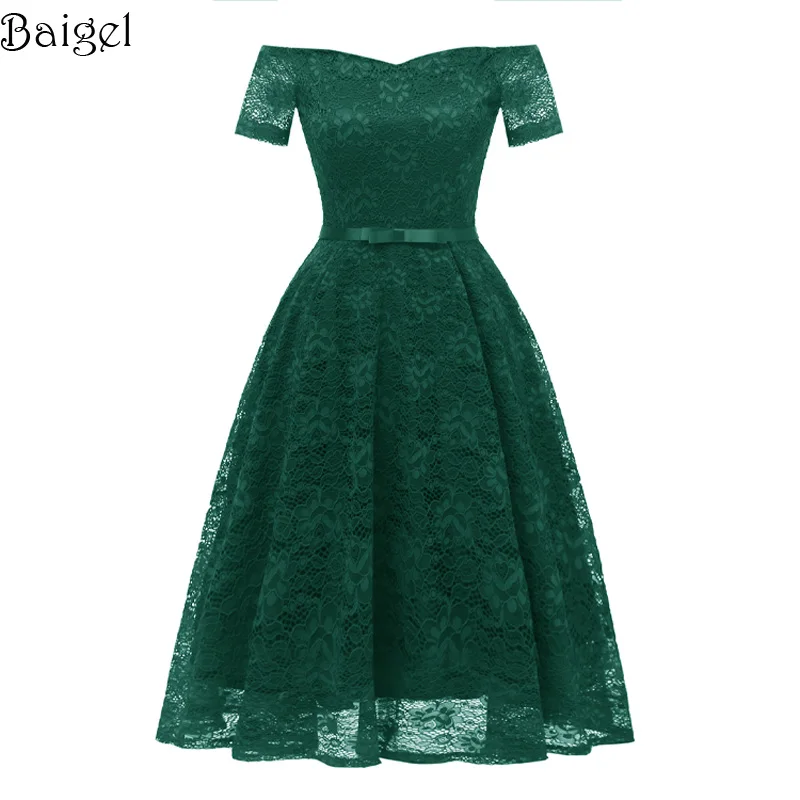 Women Short Sleeve Floral Lace Sexy Dress Off the Shoulder Wedding Party Dress Bridesmaid Robes Rockabilly Vintage Dress  (2)