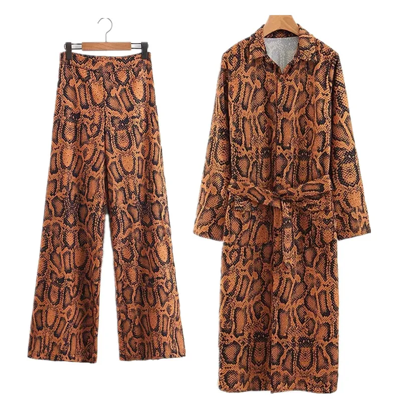 

Women's suit autumn Lady's Snake Printed Shirt Long Dress + Ethnic Snake Pattern print Wide Leg Pants suit Two piece sets