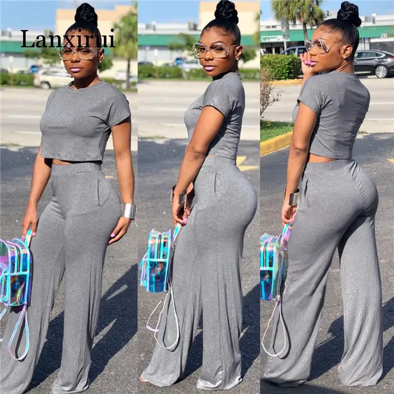 

Casual Two Piece Set Crop Top and Wide Leg Pants Fall Sexy 2 Piece Outfits for Women Clothing Set D35-AE71