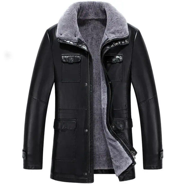 

Hot Fashion Black Winter Men Casual More pockets Genuine Leather jacket Mens Slim Turn Collar Motorcycle leather jacket Fur Coat