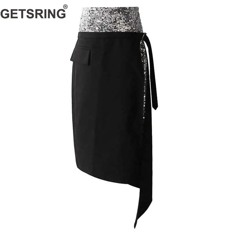

GETSRING Women Skirt Silver Sequined Spliced Fake Two Irregular Skirt High Waist Long Skirts For Women All Match Ladies Skirts