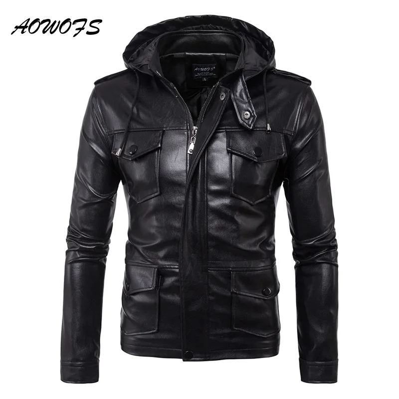 Aowofs Hooded Mens Leather Jackets Vintage Motorcycle Jacket Men Stand