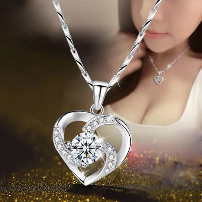 

New Clavicle Japan and South Korea Heart Pendant Silver Plated Crystal Female Pendant Necklace Blue Crystal Necklace