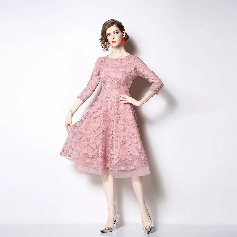 

BLLOCUE Spring Woman Dress High Quality Runway Pink Light Blue Lace Dress Hollow out Short Sleeve O-neck Vintage Chic Dress