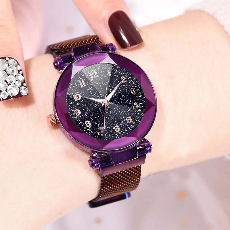 

1 Pcs Women Quartz Watch Starry Sky Dial with Magnetic Buckle Alloy Mesh Band Luminous Hands Clock LXH