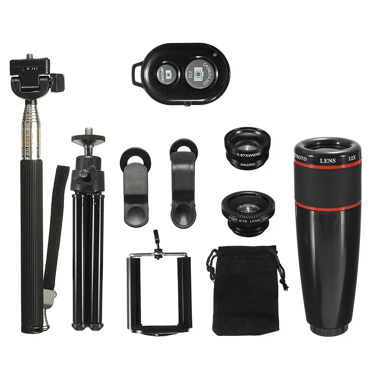 8x 12x Telephoto Lens Kit with Mini Tripod Phone Holder 3 in 1 Lens Bluetooth Remote
