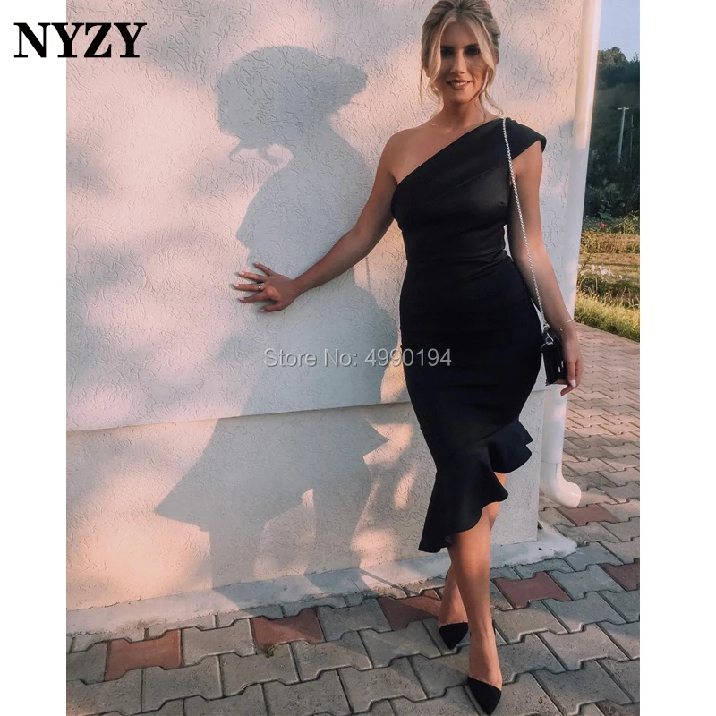 NYZY C139 черные коктейльные платья атласное платье на одно плечо с оборками платье русалки вечернее короткое официальное платье Вечерние