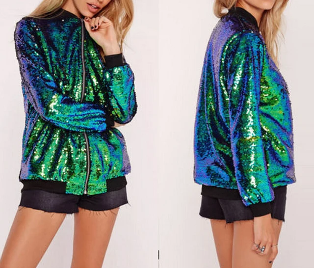 Green Women Sequins Jacket Long Sleeve Zipper Autumn Jackets Suit