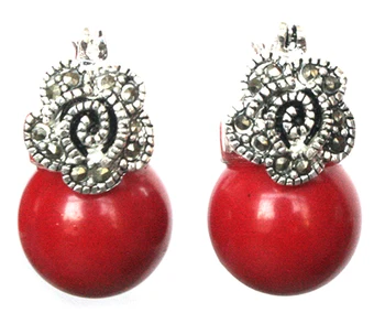 

Lady's 12mm Red Coral Bead Flower Marcasite & 925 Earrings