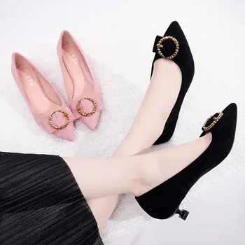 

2019 spring new metal buckle low heel stiletto comfortable single shoes female cat with pointed 3cm large size