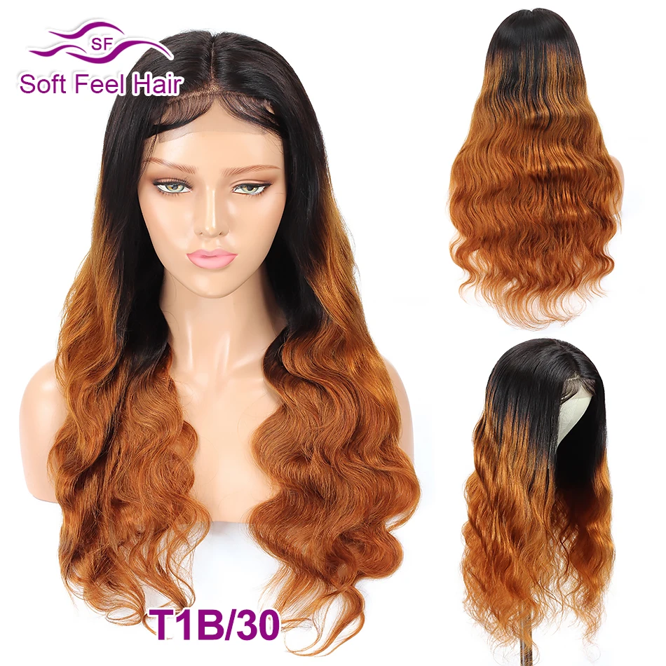 Soft Feel Hair 4x4 кружева закрытие парик блонд эффектом деграде(переход от темного к человеческих волос парики для Для женщин Реми бразильские волнистые волосы парики средней соотношение