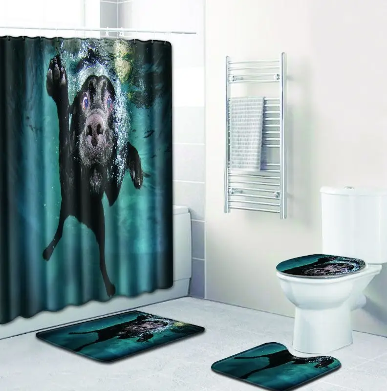 Zeegle Printed Puppy Bath Mat Set Toilet Entrance Rug Shower Curtain Set with Hooks Modern Rug Pedestal Rug Lid Toilet Cover Mat