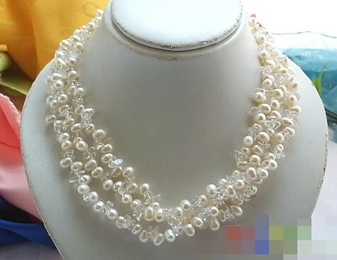 

ddh001966 3ROW WHITE RICE FRESHWATER CULTURED PEARL CRYSTAL NECKLACE
