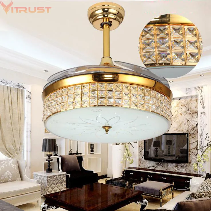 Modern Ceiling Fan Lamps Crystal Folding Dining Living Room