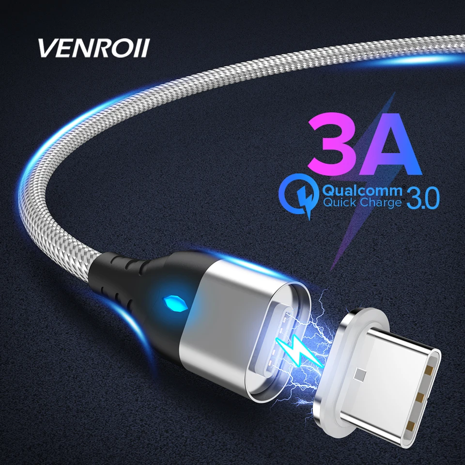 

Venroii Magnetic Cable Micro USB Type C For Samsung S9 Xiaomi 9 Lighting Cable 3A Fast Charging Type-C Magnet Charger Phone Cord