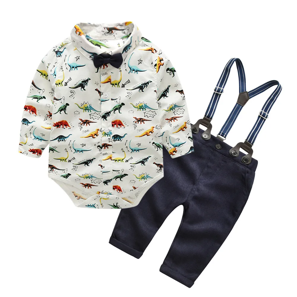 MUQGEW/Детские платья для маленьких мальчиков, рубашка с динозавром, джентльменская бабочка комбинезон+ штаны на подтяжках, комплект kersttrui# y2 - Цвет: White