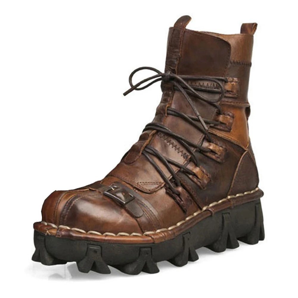 Ботинки в байкерском стиле; обувь в стиле ретро из натуральной коровьей кожи с черепами; обувь в стиле панк; мужские байкерские ботинки в байкерском стиле; Защитное снаряжение; Botas Moto; Цвет Черный - Цвет: Brown 1990
