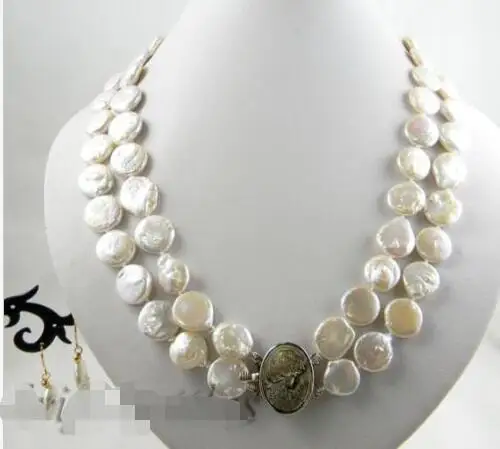 

10X10 jewerly free shipping 2strands 20''14mm white coin freshwater pearl earring necklace Set