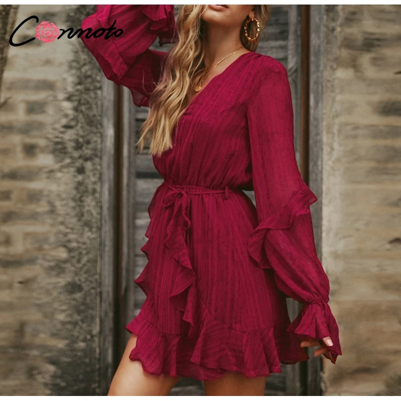 Conmoto красное осеннее зимнее элегантное шифоновое Повседневное платье Короткое однотонное женское платье с длинным рукавом черное платье с рюшами для вечеринки vestidos