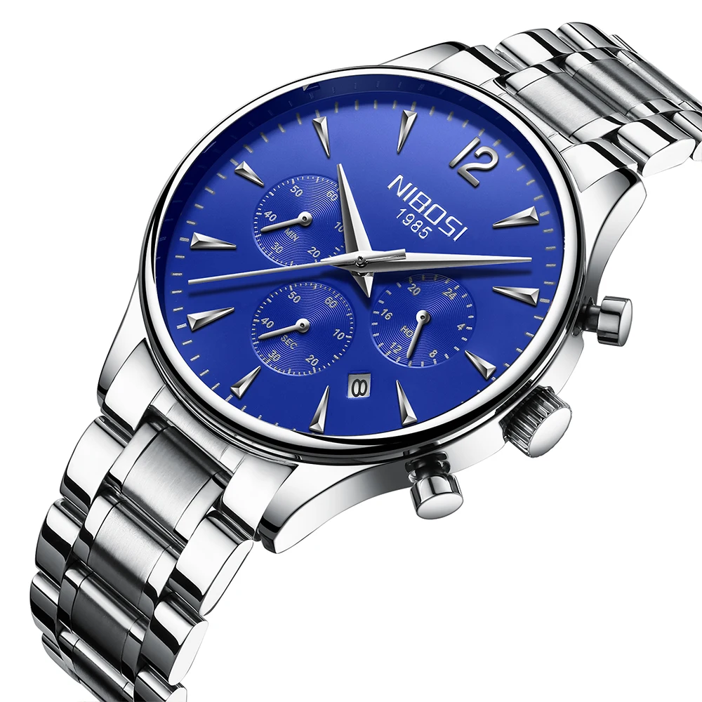 

NIBOSI Blue Steel Men's Watch Waterproof Chronograph Date Calendar Quartz Wrist Watch For Men Clock Horloges Mannen