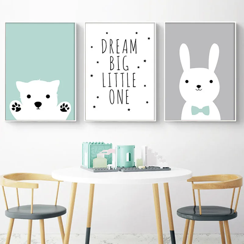 

Nordic Kawaii Bear Rabbit Canvas Painting Cartoon Animal Nursery Wall Art Posters and Prints Pictures for Baby Room Decoration