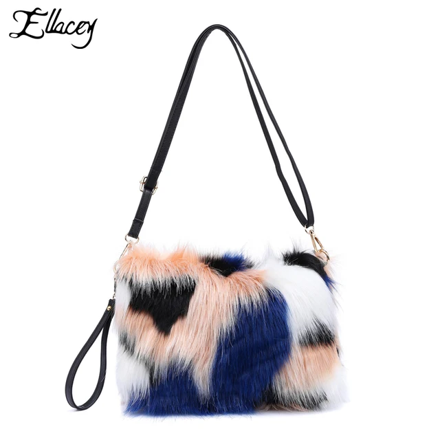 New 2018 Le Contrast Color Faux Fur Clutch Bags Women Luxury New 2018 Le Contrast Color Faux Fur Clutch Bags Women Luxury Multicolor Soft Messenger Casual