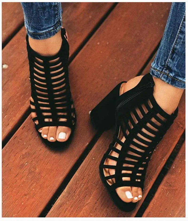 

2019 Summer women's shoes stripe hollow out lady sandals 11.5cm Coarse high heels Sexy peep toe slingbacks woman sandal Black 40