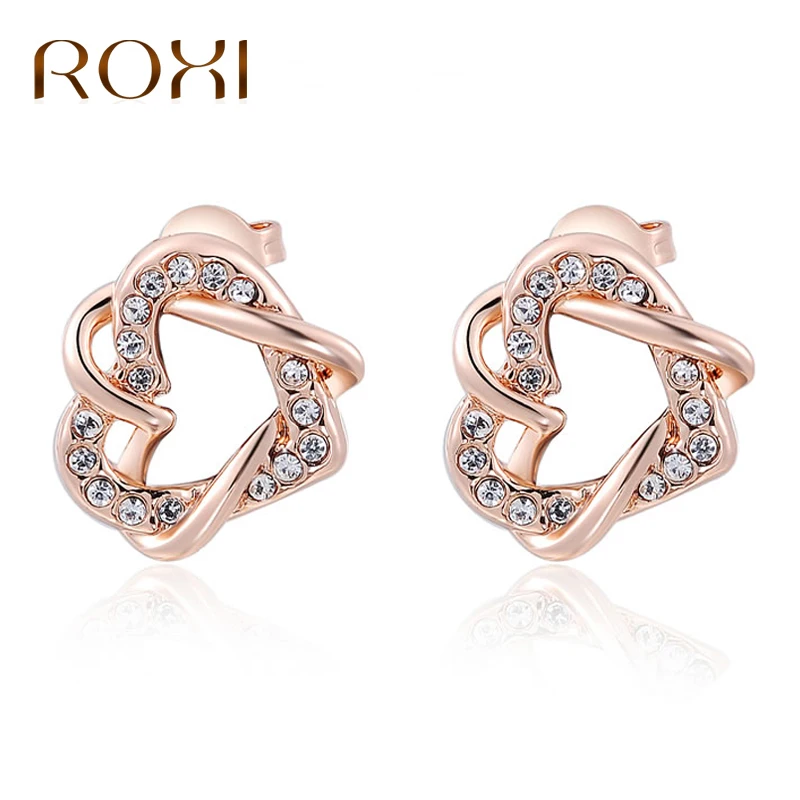 

ROXI Women Earrings Double Heart Fashion Jewelry Rose Gold Color Crystal Stud Earrings For Woman pendientes mujer moda 2017