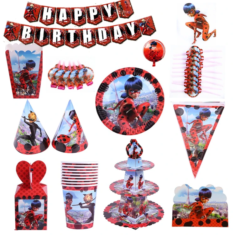 Miraculous Ladybug Girls Paper tableware Plate Cup Banner Invitation