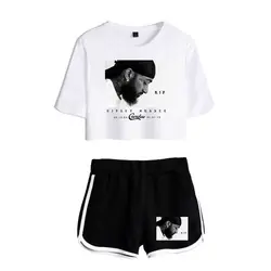 С круглым вырезом летний комплект XS-2XL 2019 Новый Nipsey hussle печатные женские комплекты новый альбом Oversize пупок короткий рукав и короткие брюки