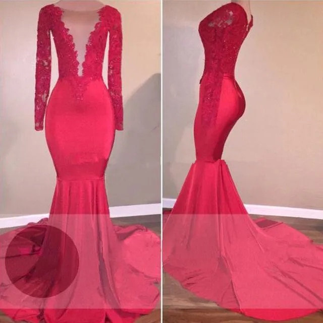 

Red 2019 Prom Dresses Mermaid Long Sleeves See Through Appliques Lace Party Maxys Long Prom Gown Evening Dresses Robe De Soiree