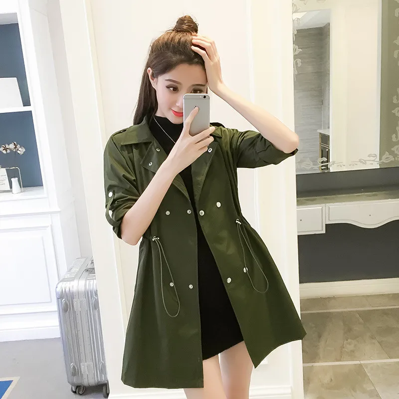 

Lace drawstring Trench Coat Women 2019 Spring Autumn Hooded Tooling Windbreaker Female Basic Coat ArmyGreen Trench Coats X873