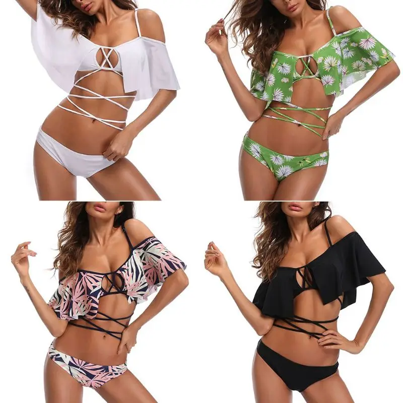 

Women Sexy Two-Piece Bikini Set Ruffles Tiered Off Shoulder Crop Top Swimsuit Low Waist Maple Leaf Printed Briefs Criss Cross St