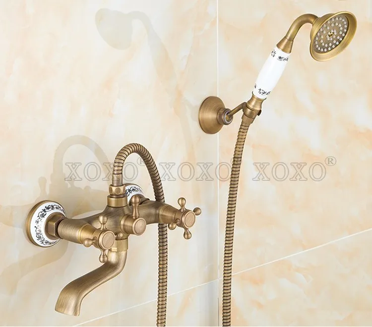 XOXONew поступление античная латунь набор для душа кран+ ванна смеситель+ одной ручкой душ настенный 50047BT-2