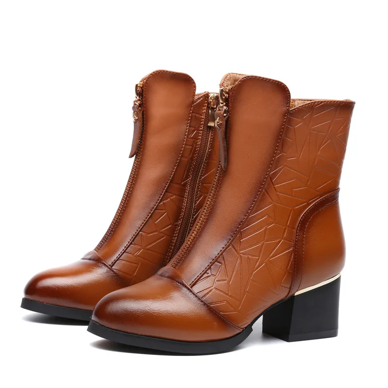 Ceny 2019 New Vintage połowy łydki kobiet buty kwadratowe grube szpilki Pointed Toe Martin buty oryginalne skórzane buty zimowe dla kobiet