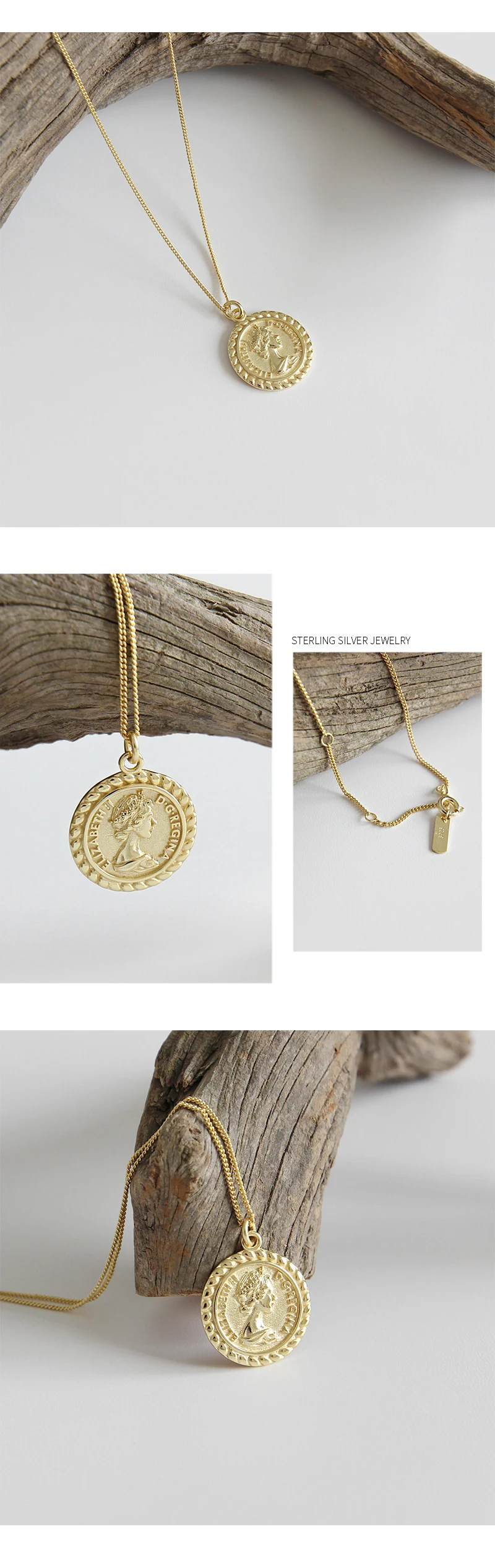 F.I.N.S золотистый гравированный кулон Элиза монета ожерелье 925 пробы серебряные ключицы цепочки с орнаментом Серебро 925 Подарки для женщин