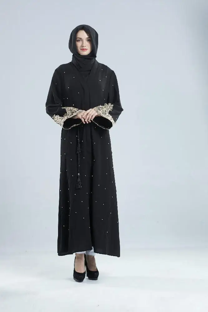 black MISSKY Robe Малайзия платье Дубая женщины бисером жемчужное кружевное кимоно кардиган мусульманское платье хиджаб турецкая исламская одежда - Цвет: black
