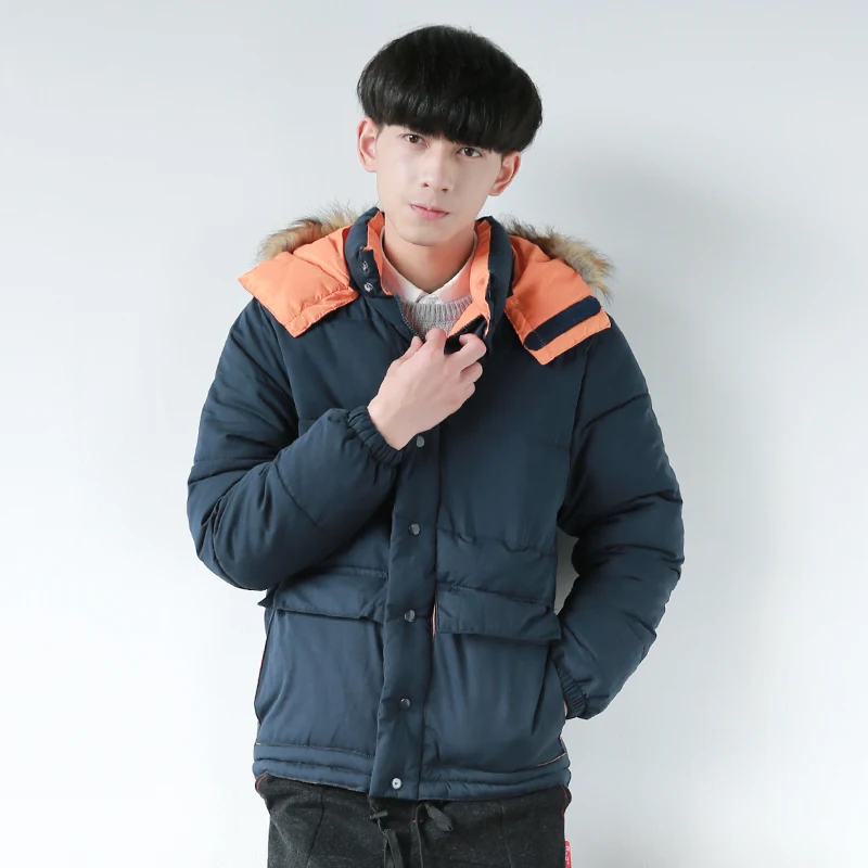 

Winter Japanese slim hooded cotton mens jacket color fur collar cotton padded jacket thick warm youth