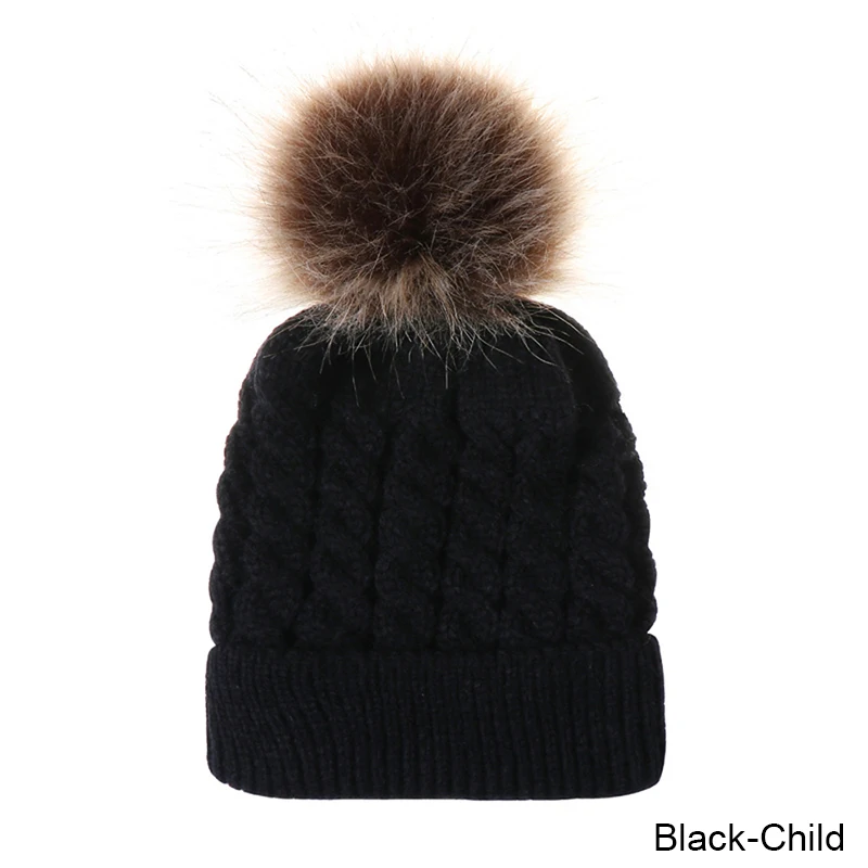 Милая зимняя шапка с помпоном для девочек и мальчиков, теплая вязаная шапка бини, шапки с черепами, Женская Толстая шапочка для детей - Цвет: Black Kid