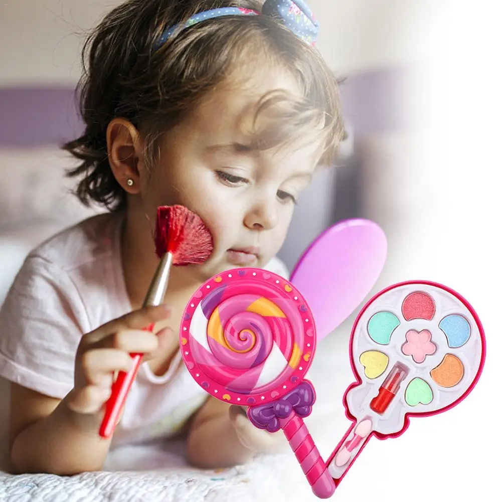 

Cosmetics Set Fashion Washable Makeup Kit With Spinning Lollipop Box Girls Toys Princess Pretend Play Pink Kids Makeup