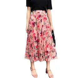 2019 летние цветочные длинные юбки женские Высокая Талия плиссированная шифоновая юбка дамы Винтаж Большие размеры корейский стиль миди
