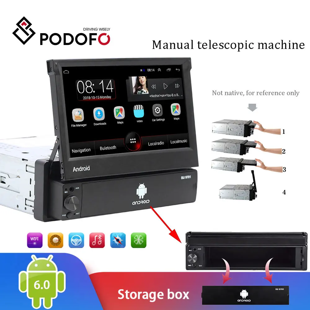 Цена Podofo 1din Android Автомагнитола 1 Din 7 сенсорный экран автомобильный мультимедийный плеер font b GPS b font навигация Wifi авто MP5 Bluetooth USB